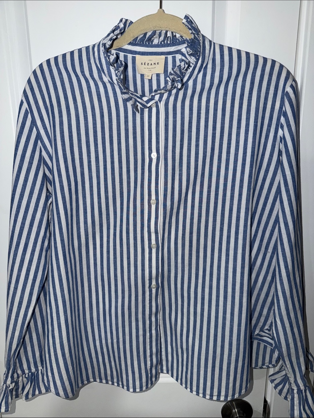 Sezane Blue and White Vertical Stripe Ruffle-Collar Blouse